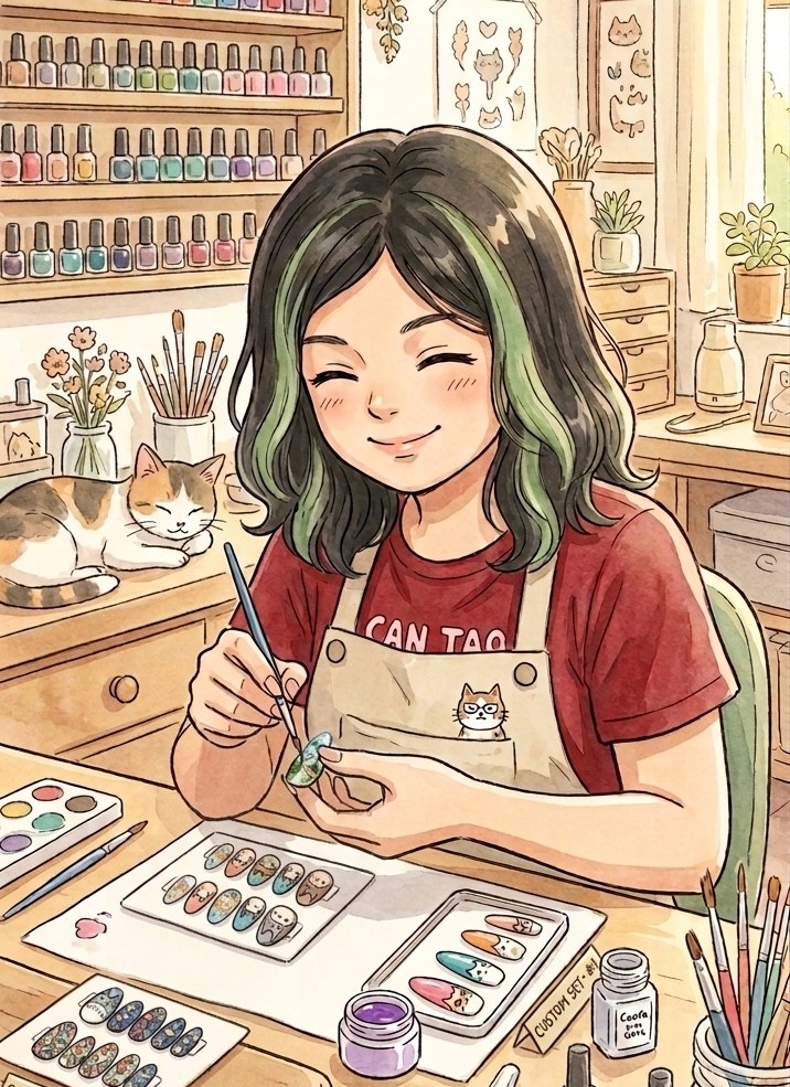 Illustration of Charita at her desk, painting a nail with a fine brush while her cat sleeps on the counter behind her